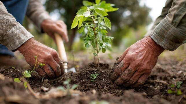 A close-up shows two hands carefully planting a sapling, the soil rich and dark, with a small trowel visible. The scene is in a garden