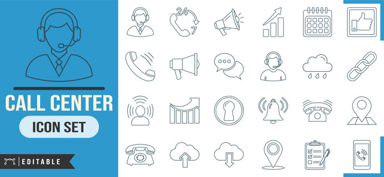 Call center and customer support line icon set for web, app, and business communication