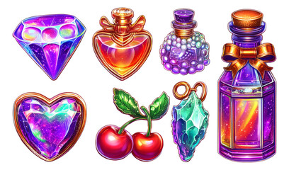 Colorful Cosmic Gems and Bottles Illustrations on Transparent Background