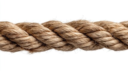 Close-up shot of a thick, fibrous rope with tightly woven strands, isolated against a stark white background