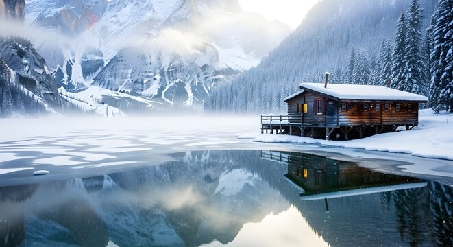Frozen Alpine Lake Cabin Surrounded by Snowy Winter Mountains