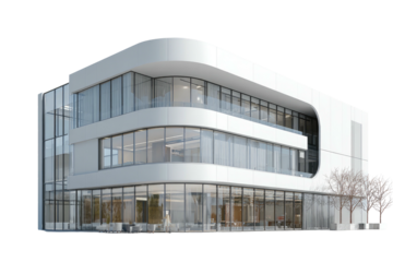 Modern white building with curved edges and many windows