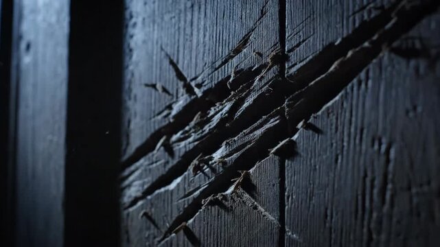 Close up of deep claw marks appearing on dark wooden surface