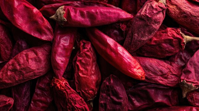 A close-up of dried, wrinkled red chili peppers filling the frame, showcasing textures & deep red hues with a slight dryness - Powered by Adobe