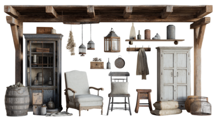 Rustic Farmhouse Interiors: Charming farmhouse interiors with wooden beams, rustic furniture, and vintage decor, isolated on a Transparent background, PNG file.