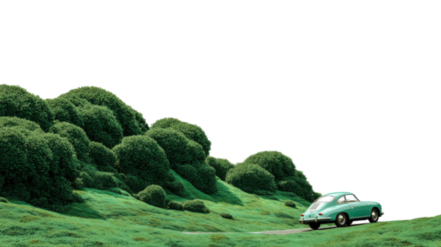 Retro coupe passing by green pastures, isolated on a Transparent background, PNG file.