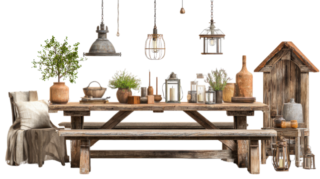 Rustic Farmhouse Interiors: Cozy farmhouse interiors with wooden tables, vintage lighting, and a rustic charm, isolated on a Transparent background, PNG file.