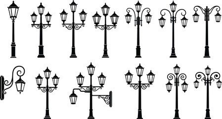 Vintage street lamp silhouette vector set, retro lantern collection, old city light post illustration isolated on white background, black garden decoration icons. © MstMaher