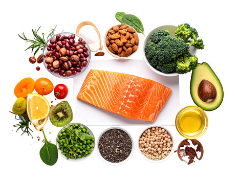 Healthy food ingredients including salmon, vegetables, fruits, nuts, seeds, and oils arranged on a white surface - Powered by Adobe