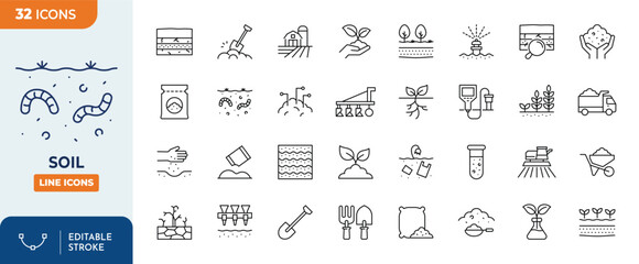 Soil line editable icon set. Contain icons related to Soil, ground, field, farming, and more. editable stroke. Vector illustration