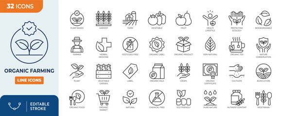 Organic Farming icon set. Contain icons related to Organic farm product, vegan, and more. editable stroke. Vector illustration © Cetacons