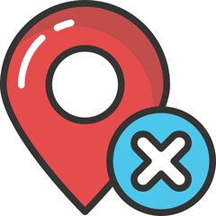 Red location pin marker with a blue circle containing a white cross symbol indicating no location or removed destination on a transparent background