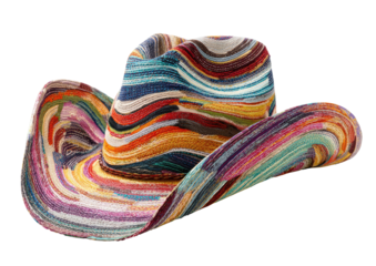 Colorful, striped cowboy hat with wide brim on black background