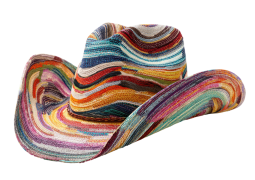 Colorful, striped cowboy hat with wide brim on black background