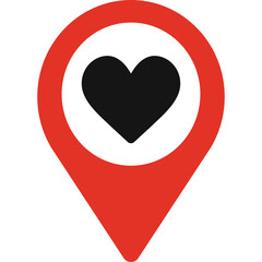Red location pin icon with black heart symbol inside white circle on transparent background representing love or favorite place symbol