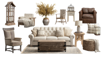 Rustic Farmhouse Interiors: Cozy rustic farmhouse interiors with wood furniture, neutral tones, and vintage touches, isolated on a Transparent background, PNG file.