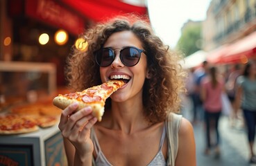 Happy young woman eats pepperoni pizza slice outdoors. Girl with sunglasses enjoys street food in busy market. Summer leisure, fun meal, urban lifestyle.