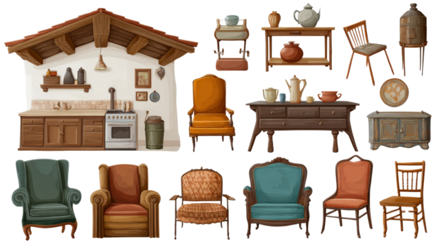 Rustic Farmhouse Interiors: Cozy rustic farmhouse interiors with vintage furniture, wooden beams, and warm tones, isolated on a Transparent background, PNG file.