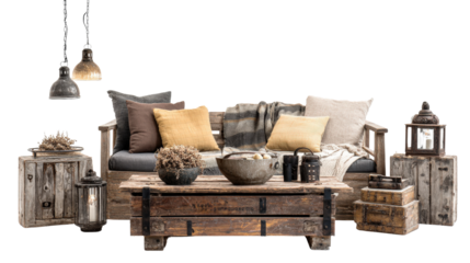 Rustic Home Decor: Cozy rustic home decor with reclaimed wood furniture, soft lighting, and vintage accents, isolated on a Transparent background, PNG file.