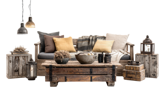 Rustic Home Decor: Cozy rustic home decor with reclaimed wood furniture, soft lighting, and vintage accents, isolated on a Transparent background, PNG file.