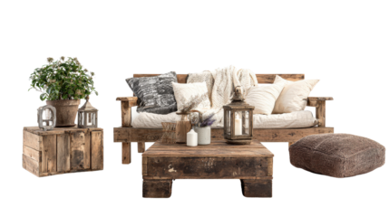 Rustic Home Decor: Cozy rustic home decor with reclaimed wood furniture and a warm, welcoming atmosphere, isolated on a Transparent background, PNG file.