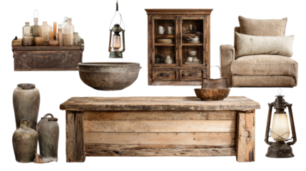 Rustic Home Decor: Cozy rustic home decor with reclaimed wood, vintage furniture, and soft lighting, isolated on a Transparent background, PNG file.