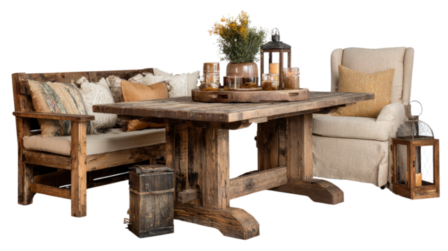 Rustic Home Decor: Cozy rustic home decor with reclaimed wood furniture and a warm, welcoming atmosphere, isolated on a Transparent background, PNG file.