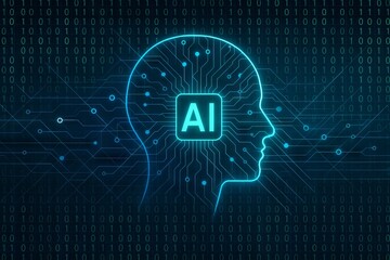Stylized human head outline with AI letters on circuit board background. Artificial intelligence concept for technology and cyber security.