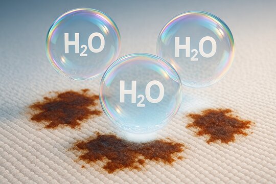 Three h2o bubbles falling onto a white carpet with three brown stains. Cleaning solution concept for stain removal on fabric.