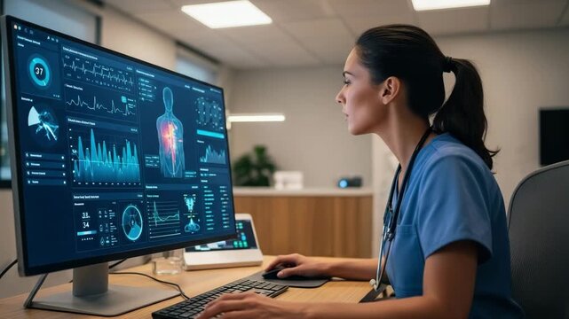 Focused female doctor analyzing vital signs data on advanced medical display in modern clinic