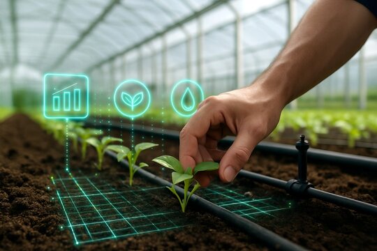 Man interacting with plant in smart farm greenhouse. Smart farming technology with digital interface for crop monitoring and agricultural innovation.