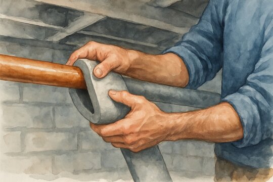 Man installing insulation on a pipe in a basement. Home improvement, energy efficiency, and plumbing repair concept for homeowner guides.