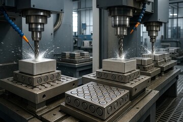 CNC milling machine performing drilling operation on metal workpiece. Precision engineering and industrial manufacturing process for metal processing.