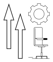 Office chair next to two upward arrows and a gear icon representing career growth, productivity, and professional development. Ideal for career, business, success, strategy, leadership, innovation