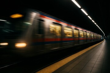 Subway train traveling at high speed in dark tunnel. Modern public transport system concept for urban commuting and city life.