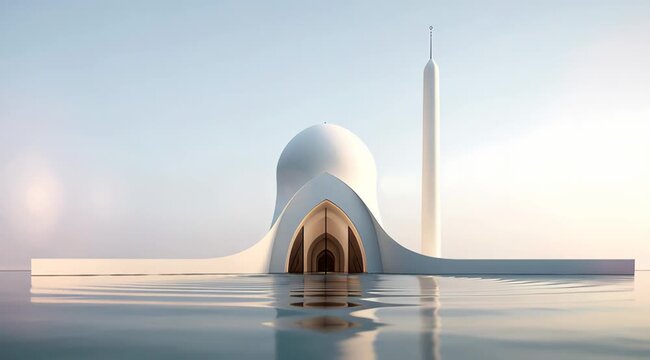 Futuristic architecture video showcasing a pristine white building reflecting on calm water