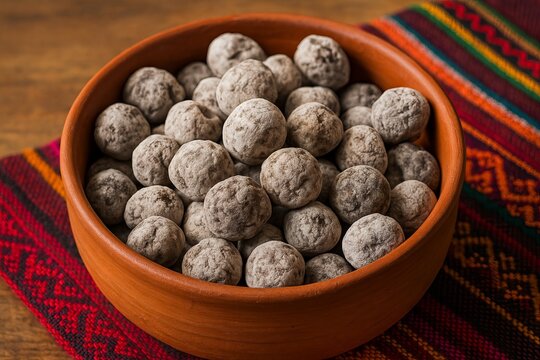 Terracotta bowl filled with white and brown potato balls, chuno, from Peru. Traditional Andean food prepared from freeze-dried potato for healthy diet.