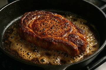 Ribeye steak cooking in a cast iron pan with butter. Delicious beef fry in hot oil for dinner. Sizzling meat in a home kitchen.