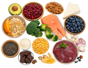 A variety of healthy foods including fruits, vegetables, nuts, grains, dairy, and protein sources displayed together