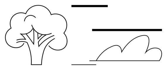 Tree and drifting cloud outlined in minimalist style, abstract horizontal lines. Ideal for nature, environment, simplicity, eco-awareness, serenity, abstract art eco-friendly design. Simple flat
