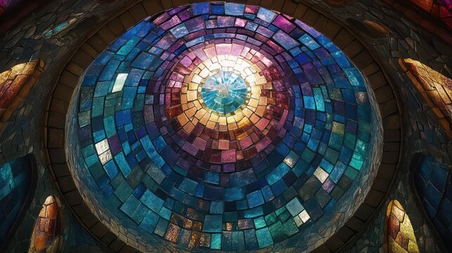 Colorful mosaic dome ceiling interior; religious building; sunlight; spiritual