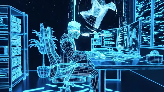 A wireframe figure of a person working on a computer, coding, in a futuristic scene