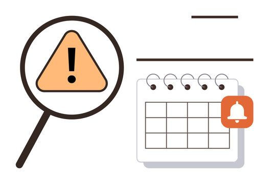 Magnifying glass over caution alert sign beside a calendar with notification bell. Ideal for deadline management, task alert, schedule organization, risk awareness, time management, planning, simple
