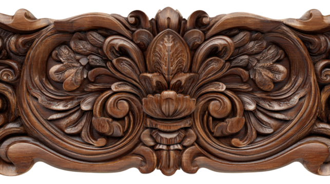 Woodworking Art: Detailed woodworking art with intricate carvings and smooth wood finishes, isolated on a Transparent background, PNG file.