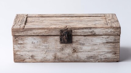 Rectangular weathered wooden box with metal latch, aged texture on white backdrop, rustic charm, vintage appeal