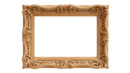 A rectangular ornate wooden frame, intricately carved with flowing lines and floral details, set against a clean white background