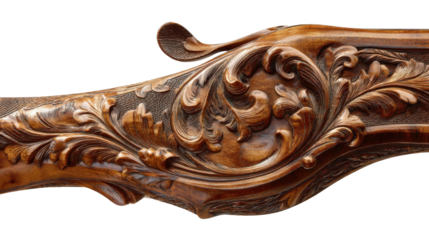 Woodworking Art: Intricate woodworking art with detailed carvings and polished surfaces, isolated on a Transparent background, PNG file.