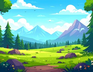 Fototapeta premium Cartoon Landscape with Mountains and Trees Animation