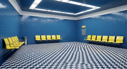 Empty square room with Blue tiles and yellow seats with checkered floor in subway station