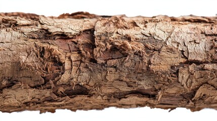 Close-up of a woody branch shows deeply textured, brown, and beige bark. The bark is cracked, with a rough, fibrous surface, revealing a darker interior